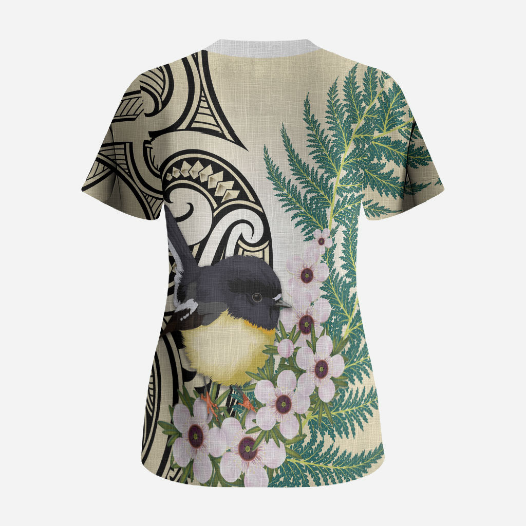 Endemic Tomtit New Zealand Scrub Top Miromiro Manuka Silver Fern Maori Pattern LT14 - Polynesian Pride
