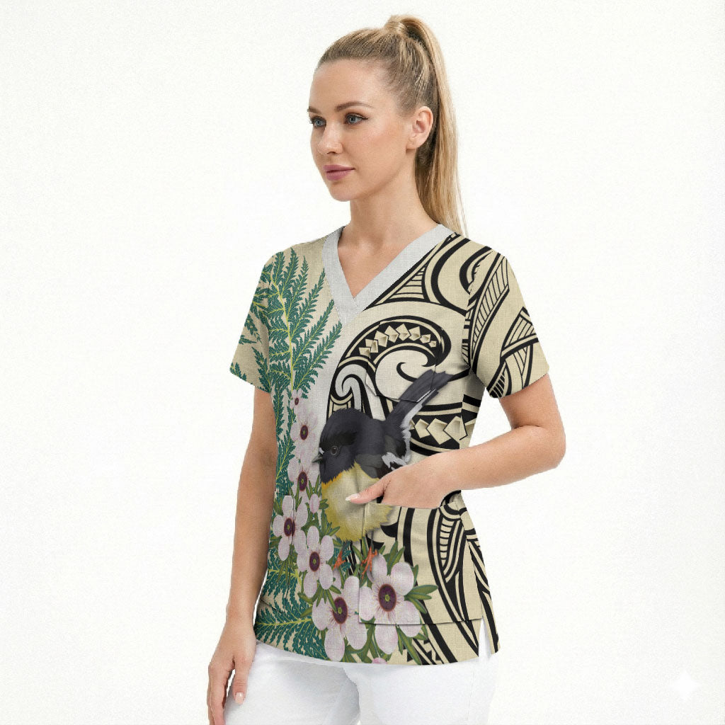 Endemic Tomtit New Zealand Scrub Top Miromiro Manuka Silver Fern Maori Pattern LT14 - Polynesian Pride