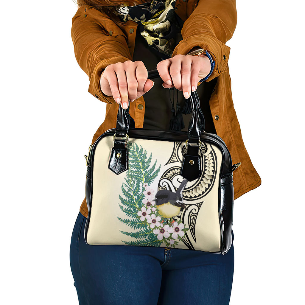 Endemic Tomtit New Zealand Shoulder Handbag Miromiro Manuka Silver Fern Maori Pattern LT14 One Size Cream - Polynesian Pride