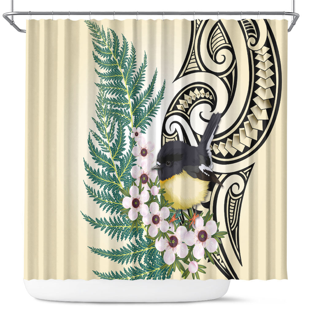 Endemic Tomtit New Zealand Shower Curtain Miromiro Manuka Silver Fern Maori Pattern LT14 Cream - Polynesian Pride