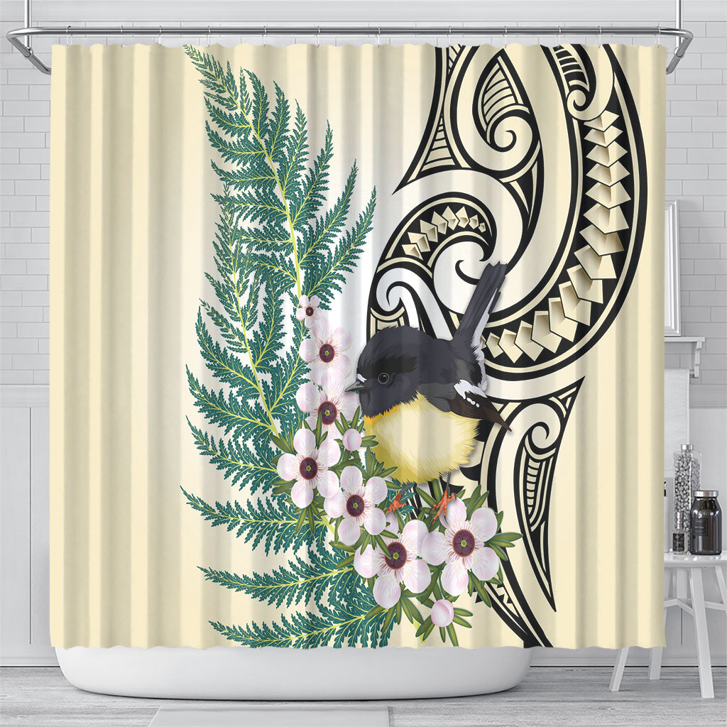 Endemic Tomtit New Zealand Shower Curtain Miromiro Manuka Silver Fern Maori Pattern LT14 - Polynesian Pride
