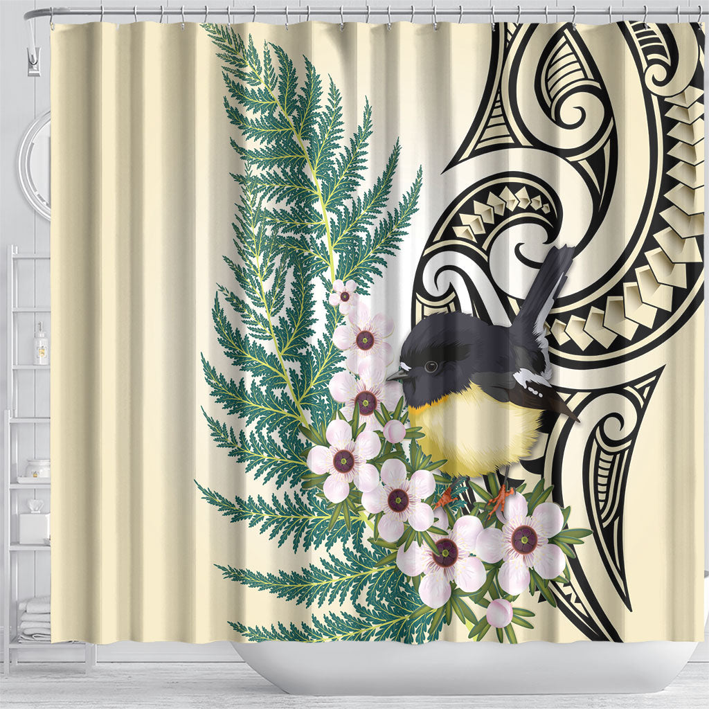 Endemic Tomtit New Zealand Shower Curtain Miromiro Manuka Silver Fern Maori Pattern LT14 - Polynesian Pride