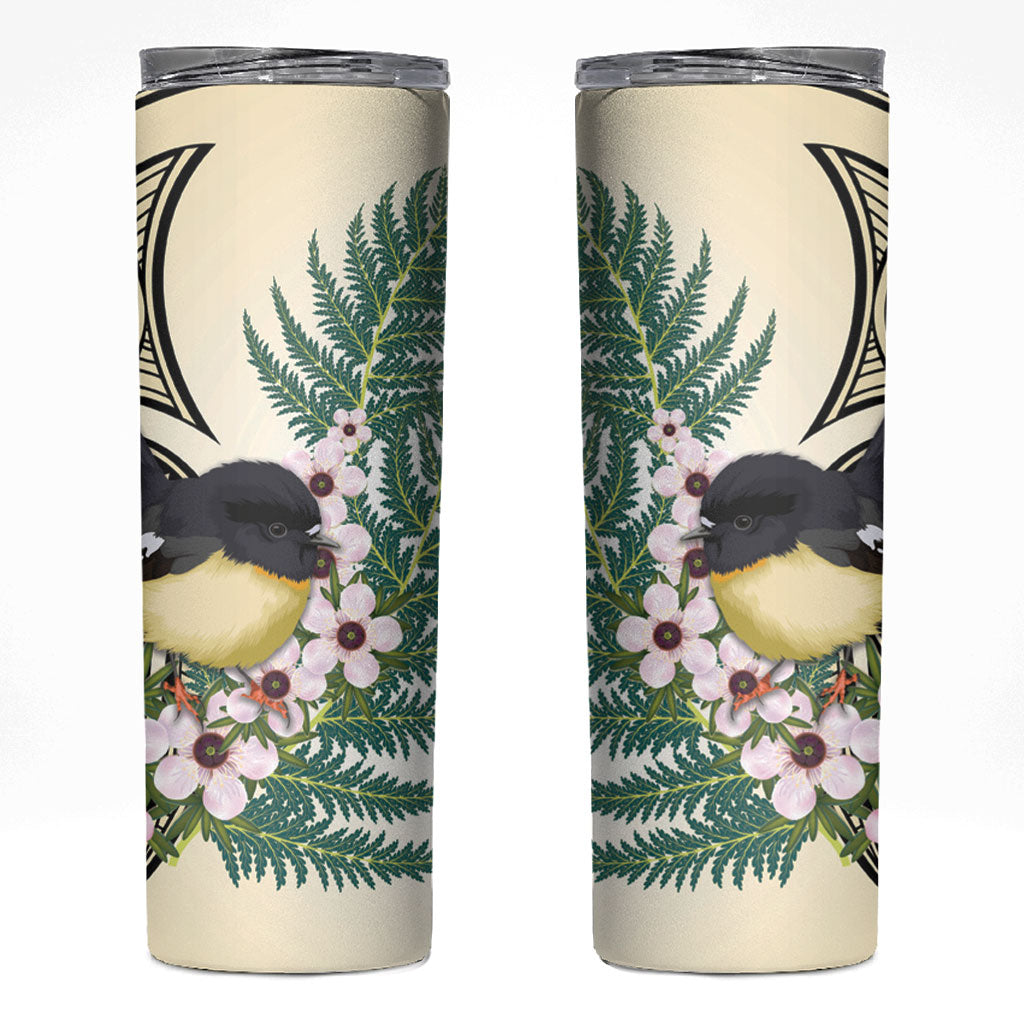 Endemic Tomtit New Zealand Skinny Tumbler Miromiro Manuka Silver Fern Maori Pattern LT14 Cream - Polynesian Pride