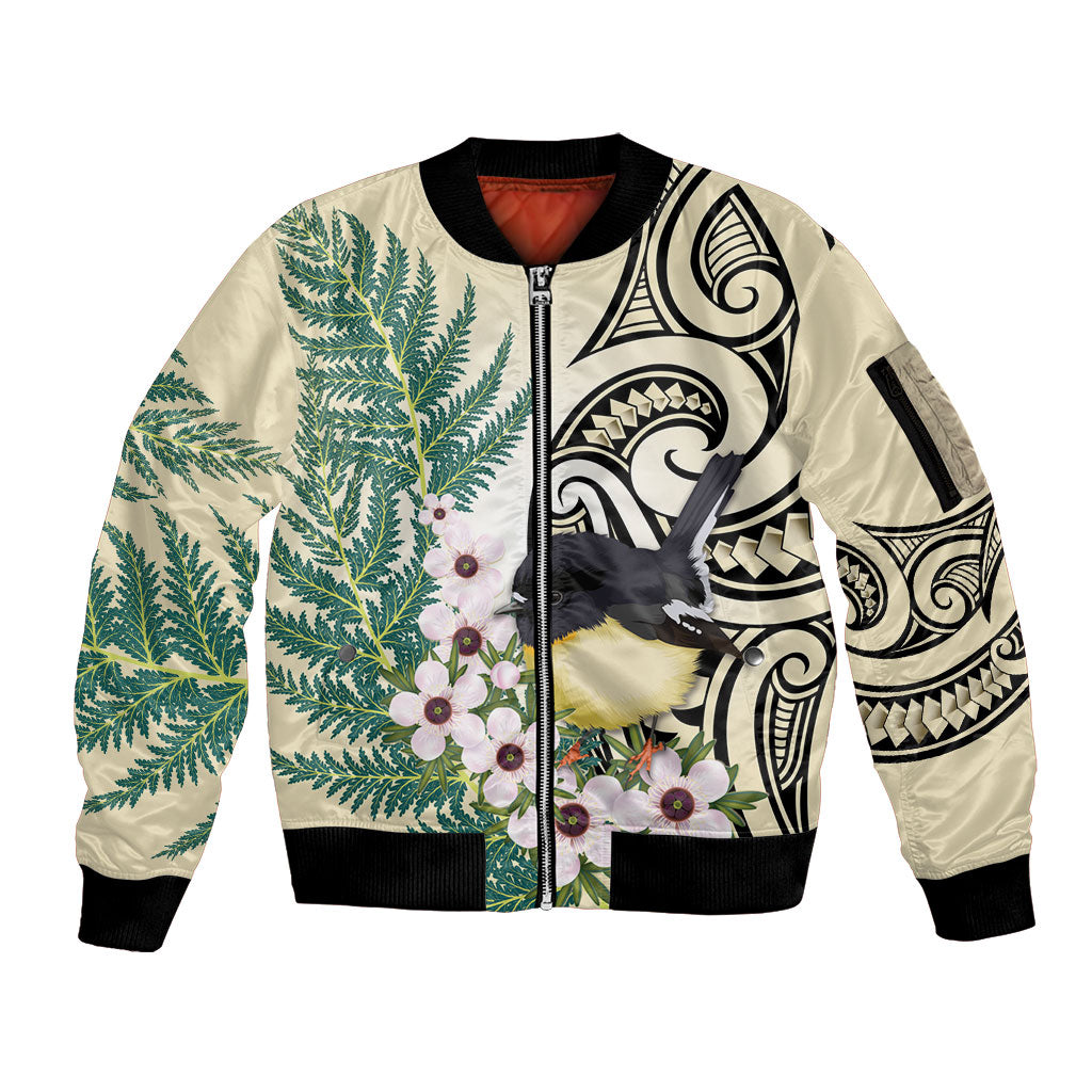 Endemic Tomtit New Zealand Sleeve Zip Bomber Jacket Miromiro Manuka Silver Fern Maori Pattern LT14 Unisex Cream - Polynesian Pride