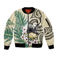 Endemic Tomtit New Zealand Sleeve Zip Bomber Jacket Miromiro Manuka Silver Fern Maori Pattern LT14 Unisex Cream - Polynesian Pride