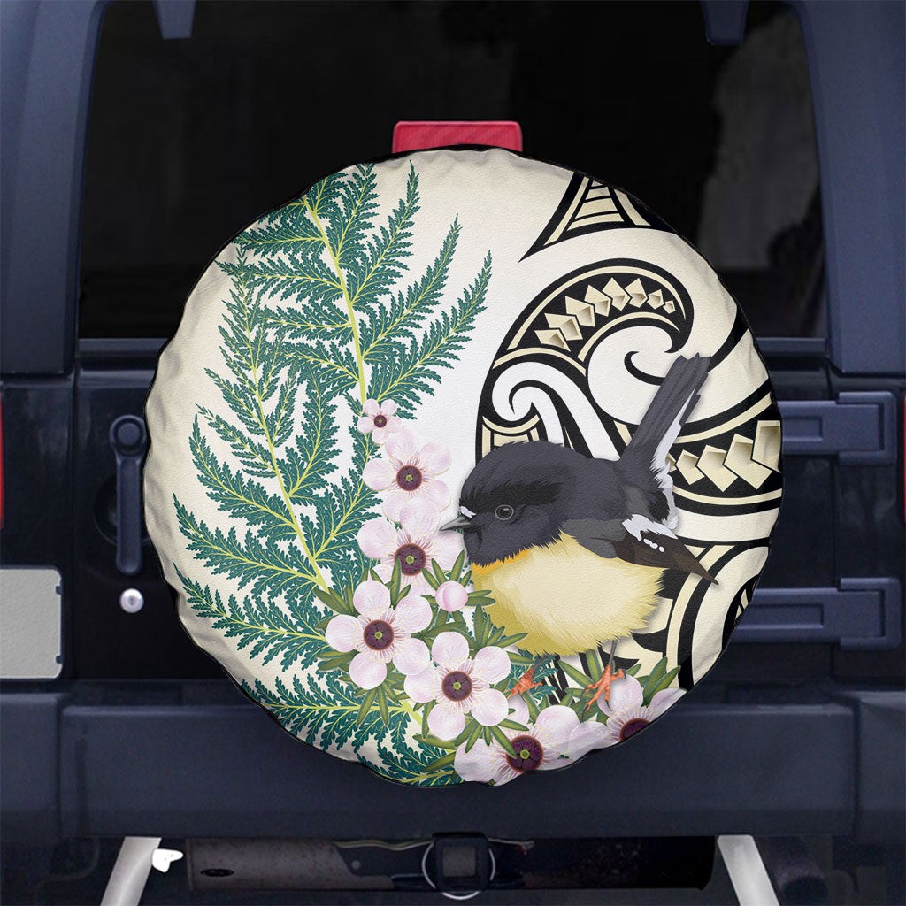 Endemic Tomtit New Zealand Spare Tire Cover Miromiro Manuka Silver Fern Maori Pattern LT14 No hole Cream - Polynesian Pride