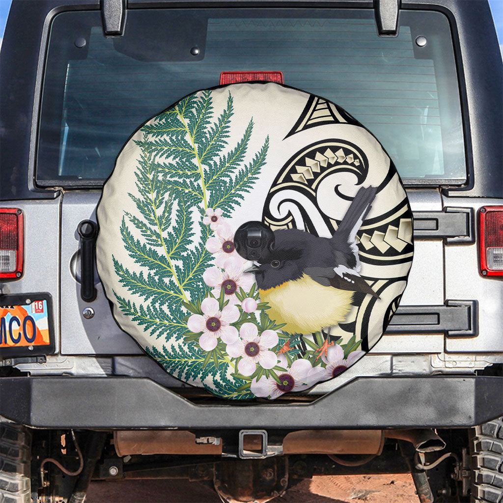 Endemic Tomtit New Zealand Spare Tire Cover Miromiro Manuka Silver Fern Maori Pattern LT14 Cream - Polynesian Pride