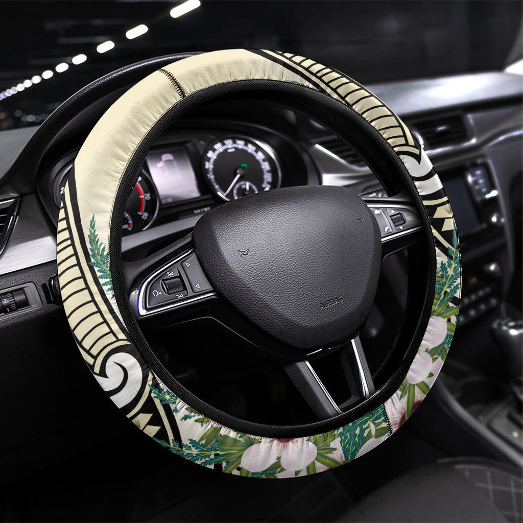 Endemic Tomtit New Zealand Steering Wheel Cover Miromiro Manuka Silver Fern Maori Pattern LT14 Universal Fit Cream - Polynesian Pride