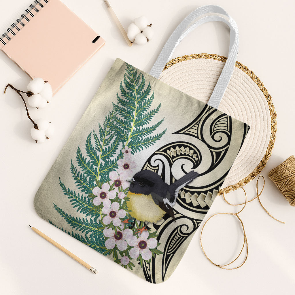 Endemic Tomtit New Zealand Tote Bag Miromiro Manuka Silver Fern Maori Pattern LT14 White Strap One Size Cream - Polynesian Pride