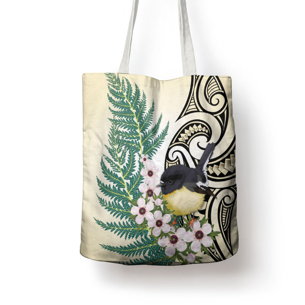 Endemic Tomtit New Zealand Tote Bag Miromiro Manuka Silver Fern Maori Pattern LT14 - Polynesian Pride
