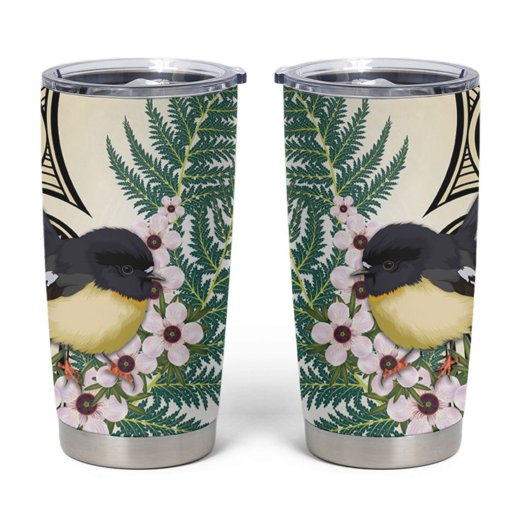 Endemic Tomtit New Zealand Tumbler Cup Miromiro Manuka Silver Fern Maori Pattern LT14 Cream - Polynesian Pride
