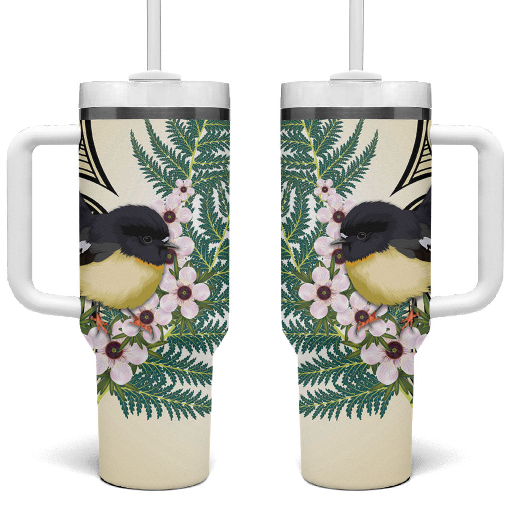 Endemic Tomtit New Zealand Tumbler With Handle Miromiro Manuka Silver Fern Maori Pattern LT14 One Size: 40 oz Cream - Polynesian Pride