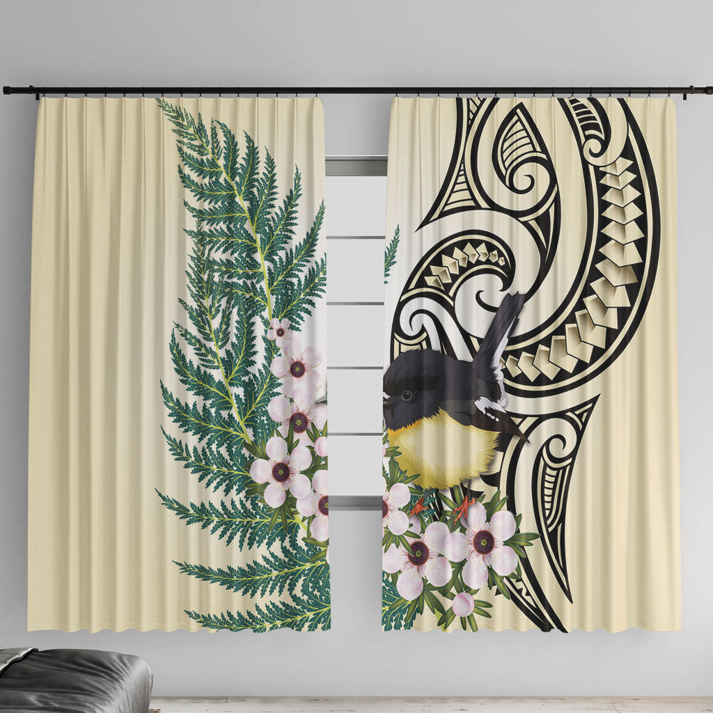 Endemic Tomtit New Zealand Window Curtain Miromiro Manuka Silver Fern Maori Pattern LT14 With Hooks Cream - Polynesian Pride