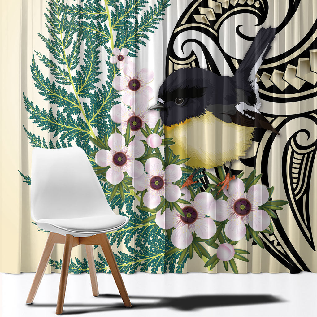 Endemic Tomtit New Zealand Window Curtain Miromiro Manuka Silver Fern Maori Pattern LT14 - Polynesian Pride