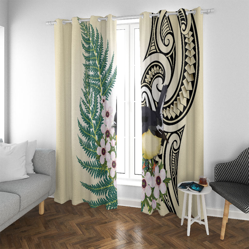 Endemic Tomtit New Zealand Window Curtain Miromiro Manuka Silver Fern Maori Pattern LT14 With Grommets Cream - Polynesian Pride