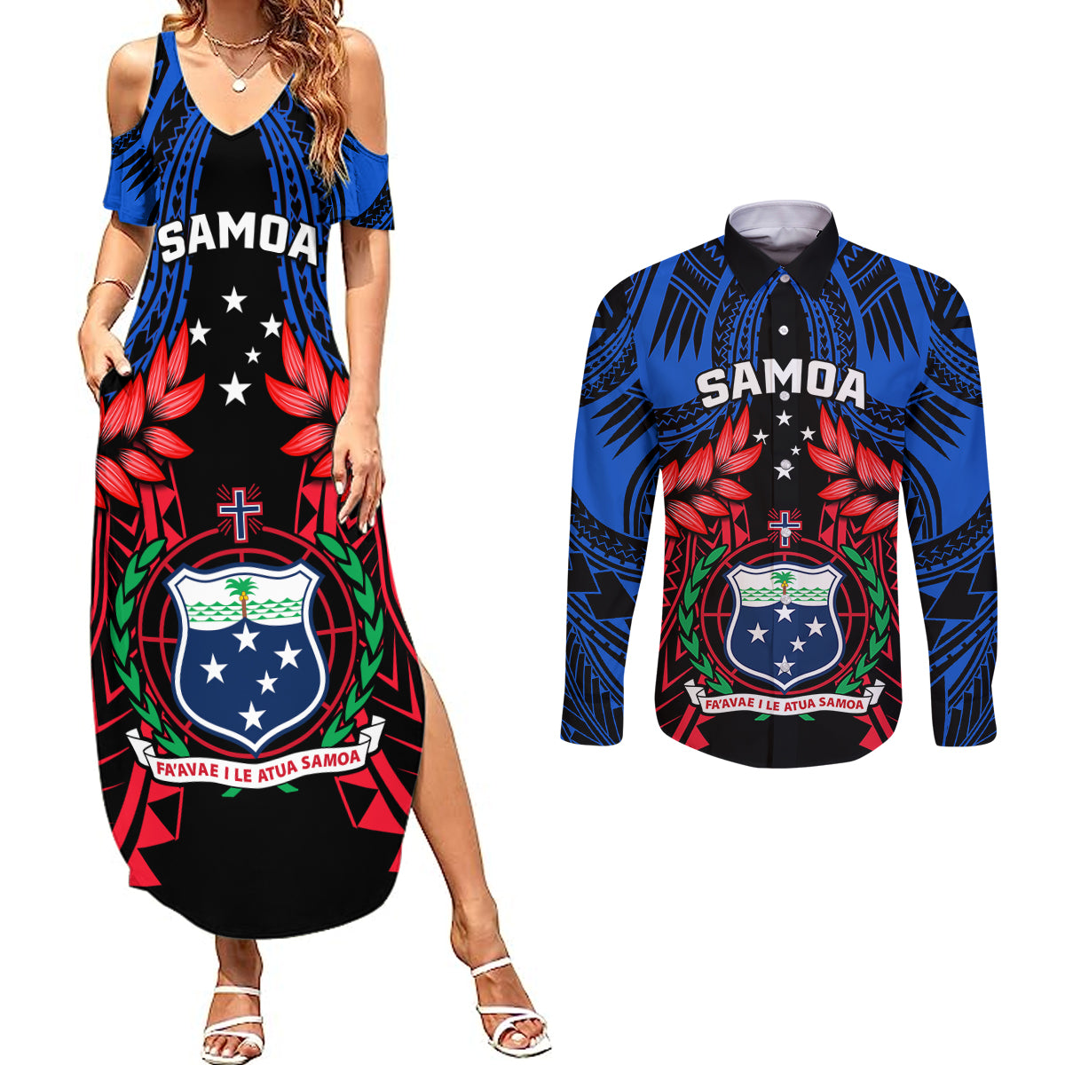 Samoa Couples Matching Summer Maxi Dress and Long Sleeve Button Shirts Heritage Festival Samoan Tattoo With Ula Fala Kava Bowl LT14 Blue - Polynesian Pride