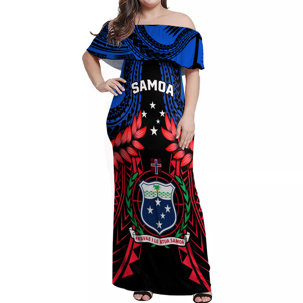 Samoa Off Shoulder Maxi Dress Heritage Festival Samoan Tattoo With Ula Fala Kava Bowl LT14 Women Blue - Polynesian Pride