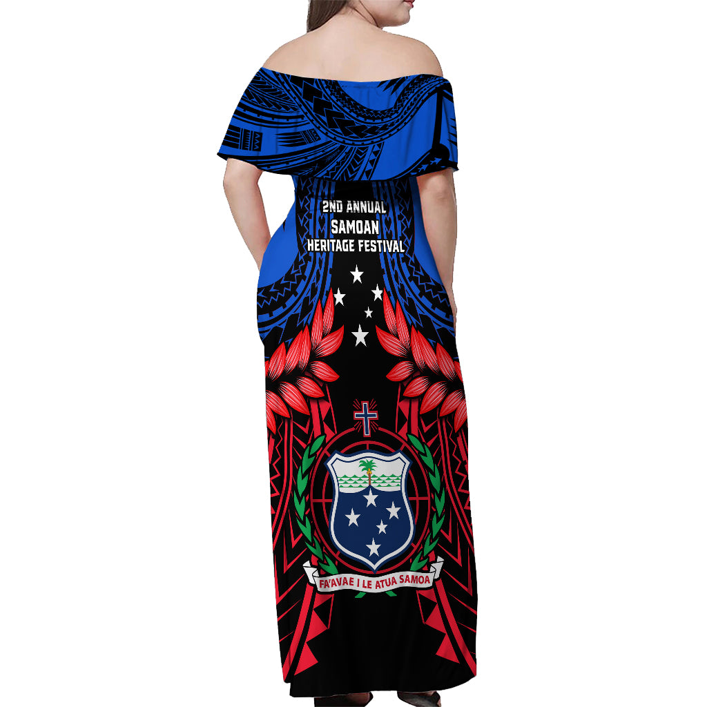 Samoa Off Shoulder Maxi Dress Heritage Festival Samoan Tattoo With Ula Fala Kava Bowl LT14 - Polynesian Pride