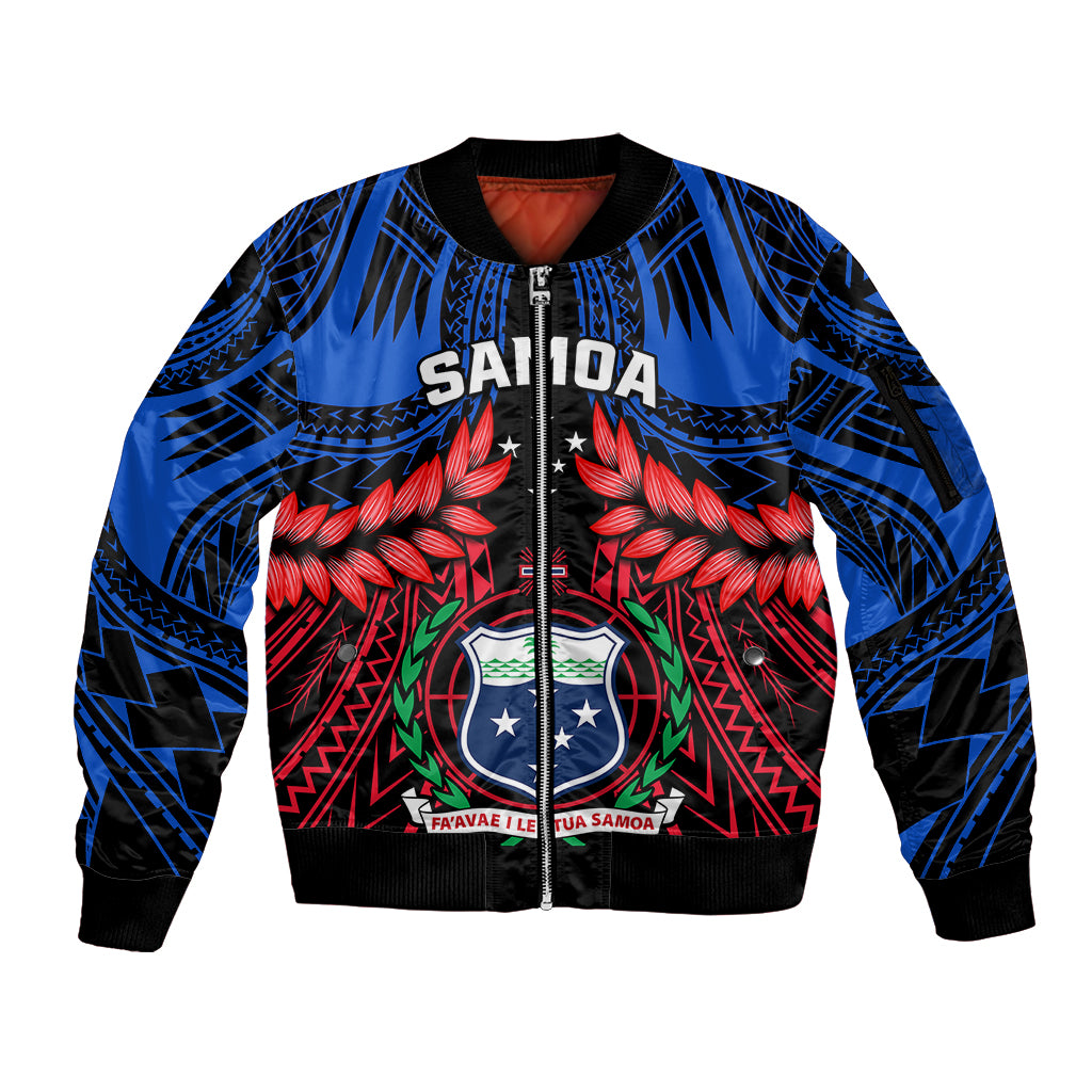 Samoa Sleeve Zip Bomber Jacket Heritage Festival Samoan Tattoo With Ula Fala Kava Bowl LT14 Unisex Blue - Polynesian Pride