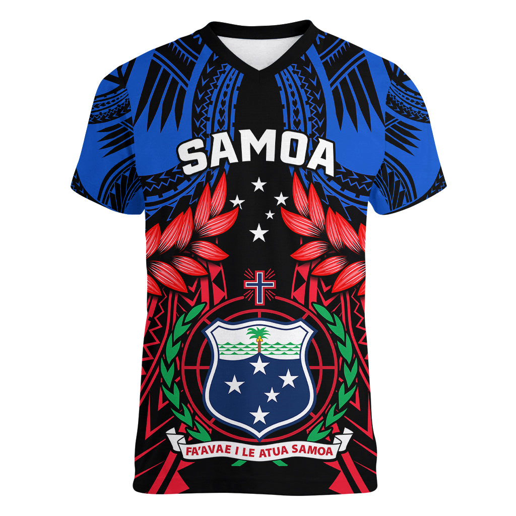 Samoa Women V Neck T Shirt Heritage Festival Samoan Tattoo With Ula Fala Kava Bowl LT14 Female Blue - Polynesian Pride