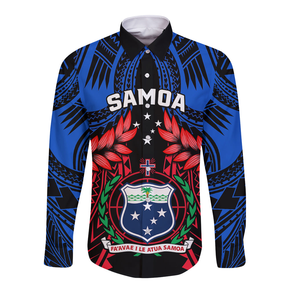 Personalised Samoa Long Sleeve Button Shirt Heritage Festival Samoan Tattoo With Ula Fala Kava Bowl LT14 Unisex Blue - Polynesian Pride