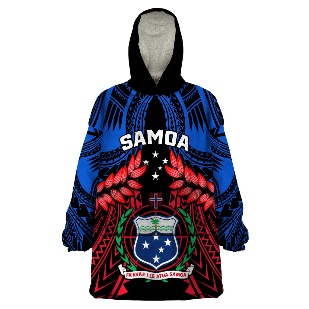 Personalised Samoa Wearable Blanket Hoodie Heritage Festival Samoan Tattoo With Ula Fala Kava Bowl LT14 One Size Blue - Polynesian Pride