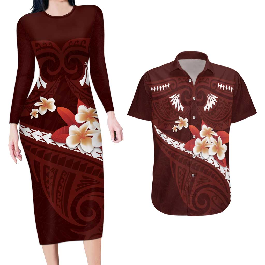 Oxblood Polynesia Couples Matching Long Sleeve Bodycon Dress and Hawaiian Shirt Tribal Pattern Tropical Frangipani LT14 Oxblood - Polynesian Pride