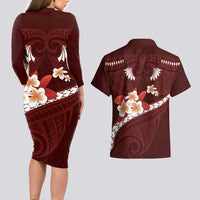 Oxblood Polynesia Couples Matching Long Sleeve Bodycon Dress and Hawaiian Shirt Tribal Pattern Tropical Frangipani LT14 - Polynesian Pride