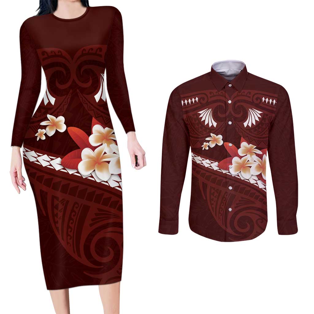Oxblood Polynesia Couples Matching Long Sleeve Bodycon Dress and Long Sleeve Button Shirt Tribal Pattern Tropical Frangipani LT14 Oxblood - Polynesian Pride