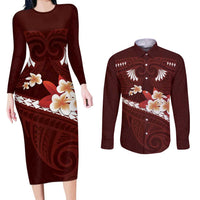 Oxblood Polynesia Couples Matching Long Sleeve Bodycon Dress and Long Sleeve Button Shirt Tribal Pattern Tropical Frangipani LT14 Oxblood - Polynesian Pride