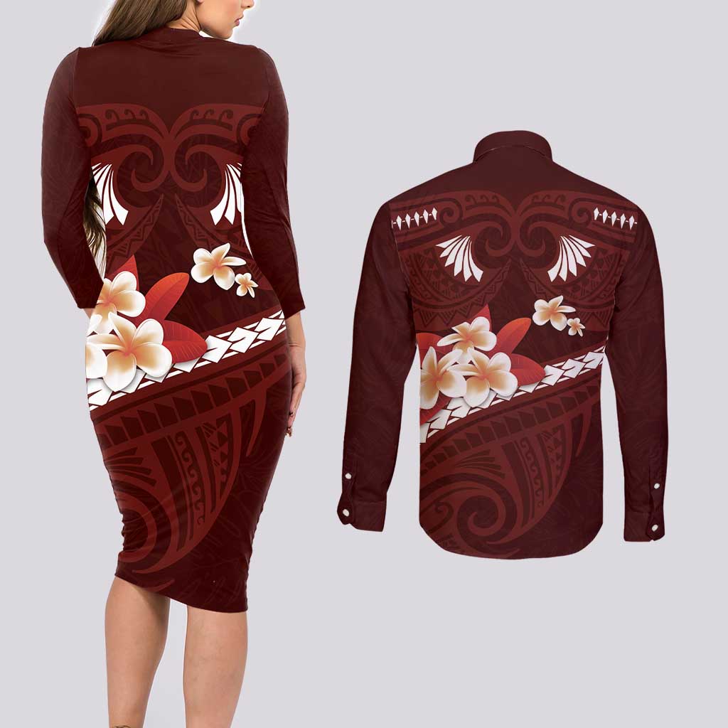 Oxblood Polynesia Couples Matching Long Sleeve Bodycon Dress and Long Sleeve Button Shirt Tribal Pattern Tropical Frangipani LT14 - Polynesian Pride