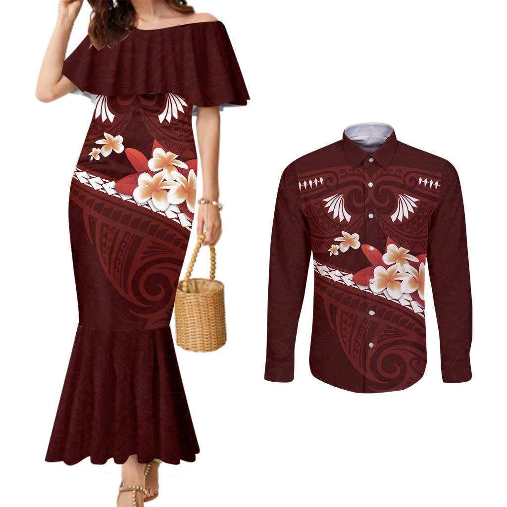 Oxblood Polynesia Couples Matching Mermaid Dress and Long Sleeve Button Shirt Tribal Pattern Tropical Frangipani LT14 Oxblood - Polynesian Pride