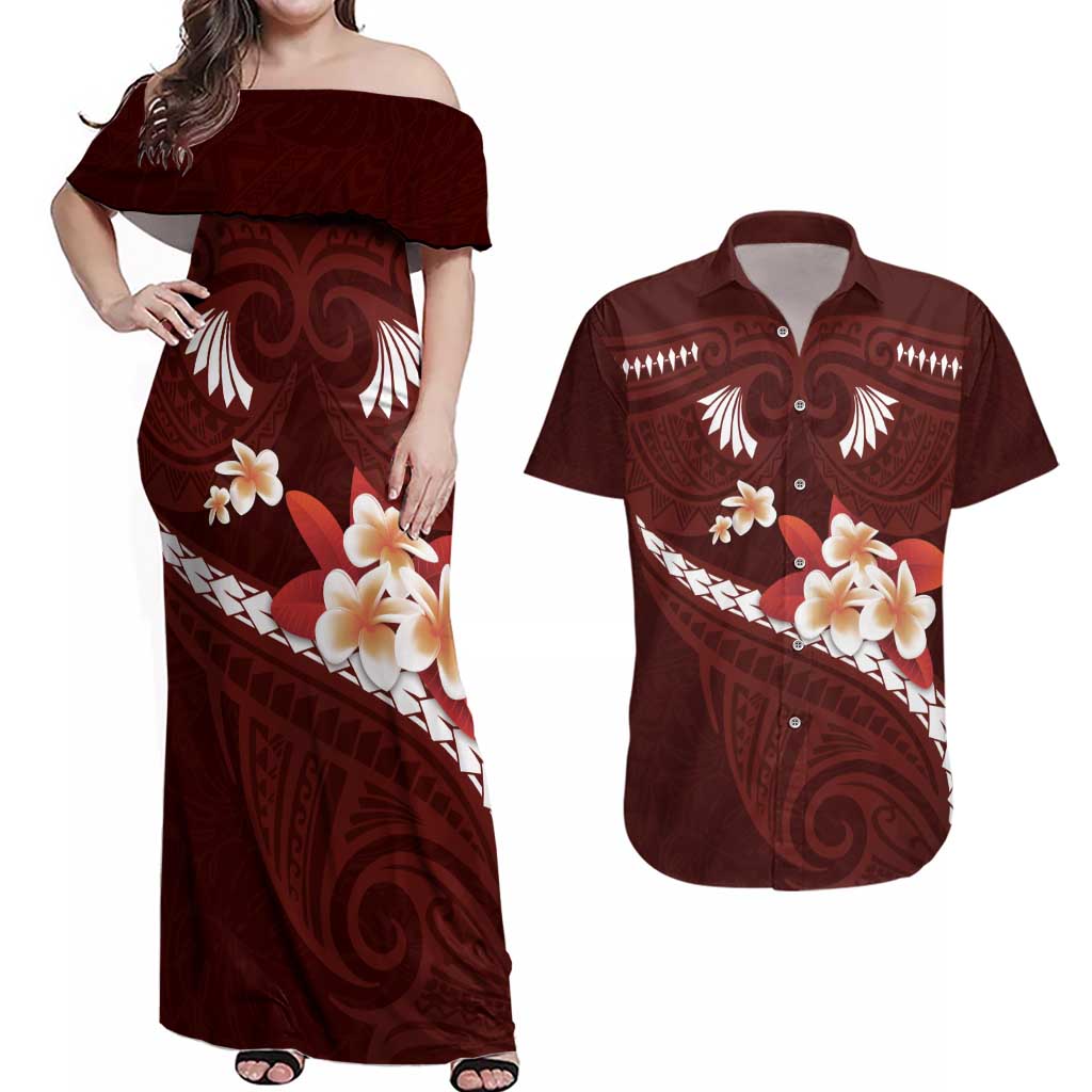 Oxblood Polynesia Couples Matching Off Shoulder Maxi Dress and Hawaiian Shirt Tribal Pattern Tropical Frangipani