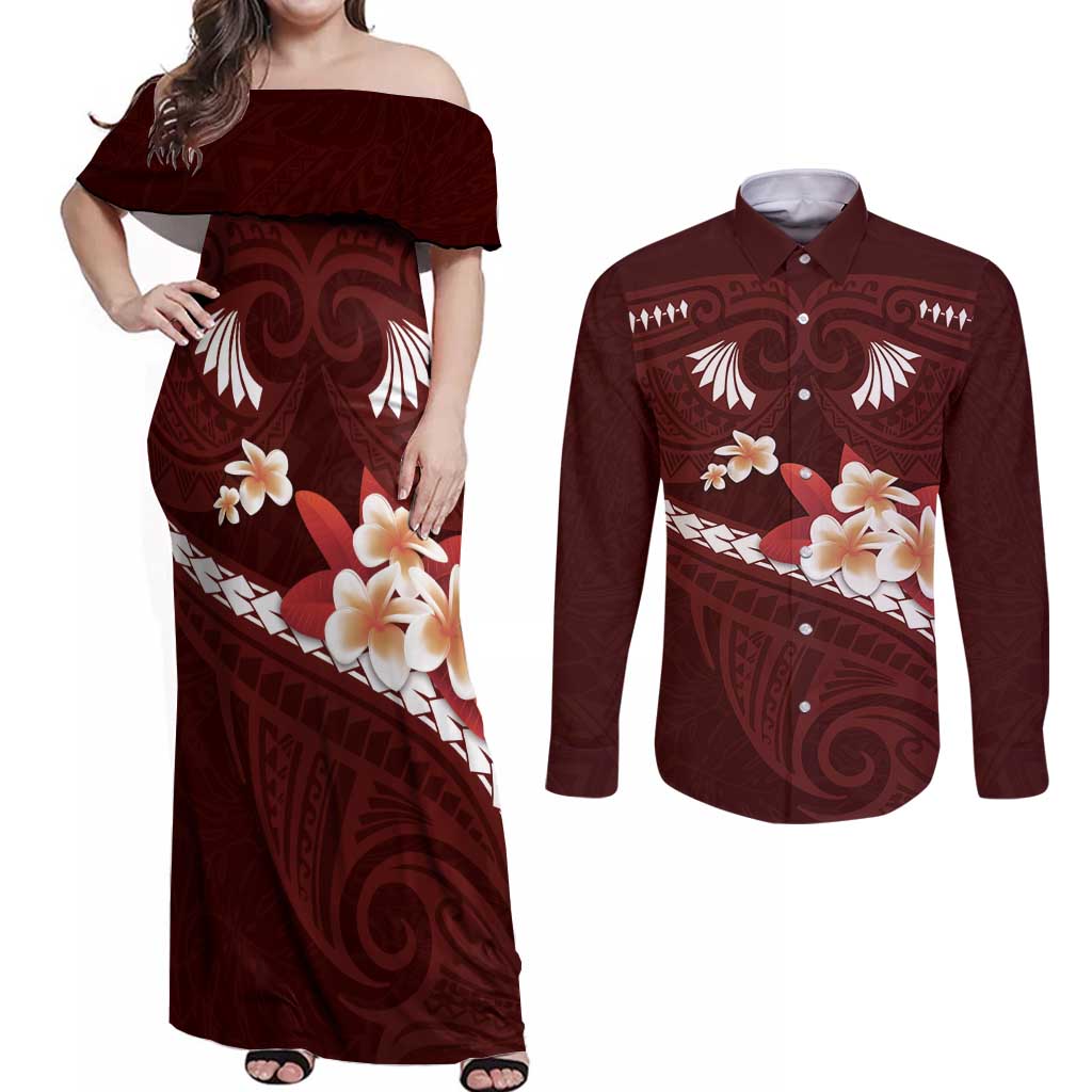 Oxblood Polynesia Couples Matching Off Shoulder Maxi Dress and Long Sleeve Button Shirt Tribal Pattern Tropical Frangipani LT14 Oxblood - Polynesian Pride