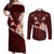 Oxblood Polynesia Couples Matching Off Shoulder Maxi Dress and Long Sleeve Button Shirt Tribal Pattern Tropical Frangipani