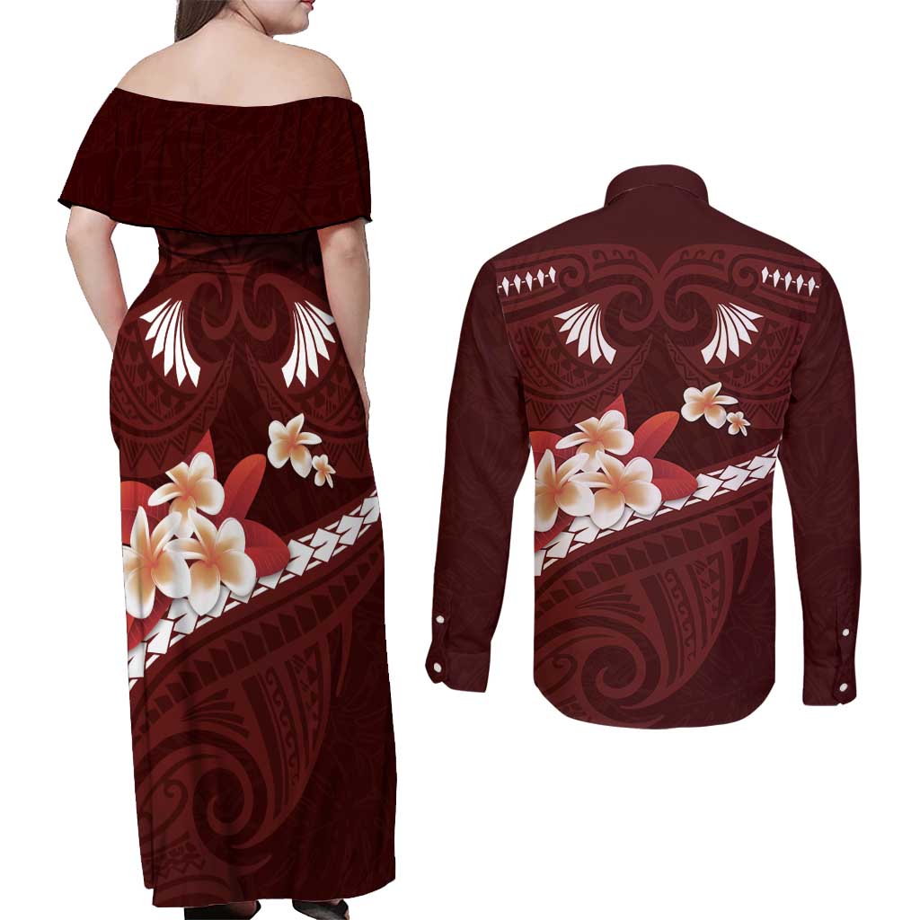 Oxblood Polynesia Couples Matching Off Shoulder Maxi Dress and Long Sleeve Button Shirt Tribal Pattern Tropical Frangipani LT14 - Polynesian Pride