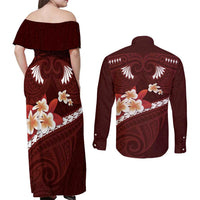 Oxblood Polynesia Couples Matching Off Shoulder Maxi Dress and Long Sleeve Button Shirt Tribal Pattern Tropical Frangipani LT14 - Polynesian Pride