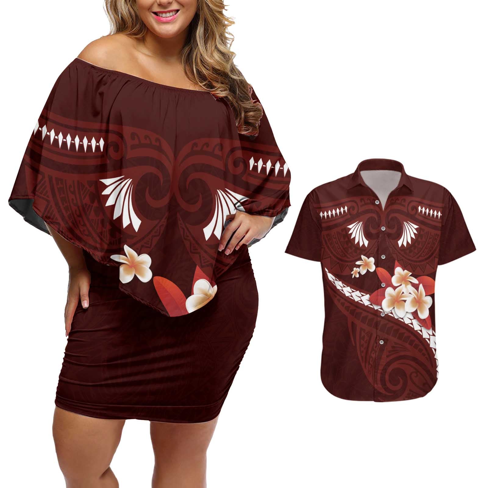 Oxblood Polynesia Couples Matching Off Shoulder Short Dress and Hawaiian Shirt Tribal Pattern Tropical Frangipani