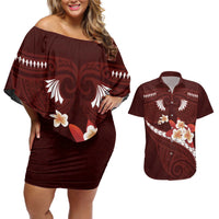 Oxblood Polynesia Couples Matching Off Shoulder Short Dress and Hawaiian Shirt Tribal Pattern Tropical Frangipani LT14 Oxblood - Polynesian Pride