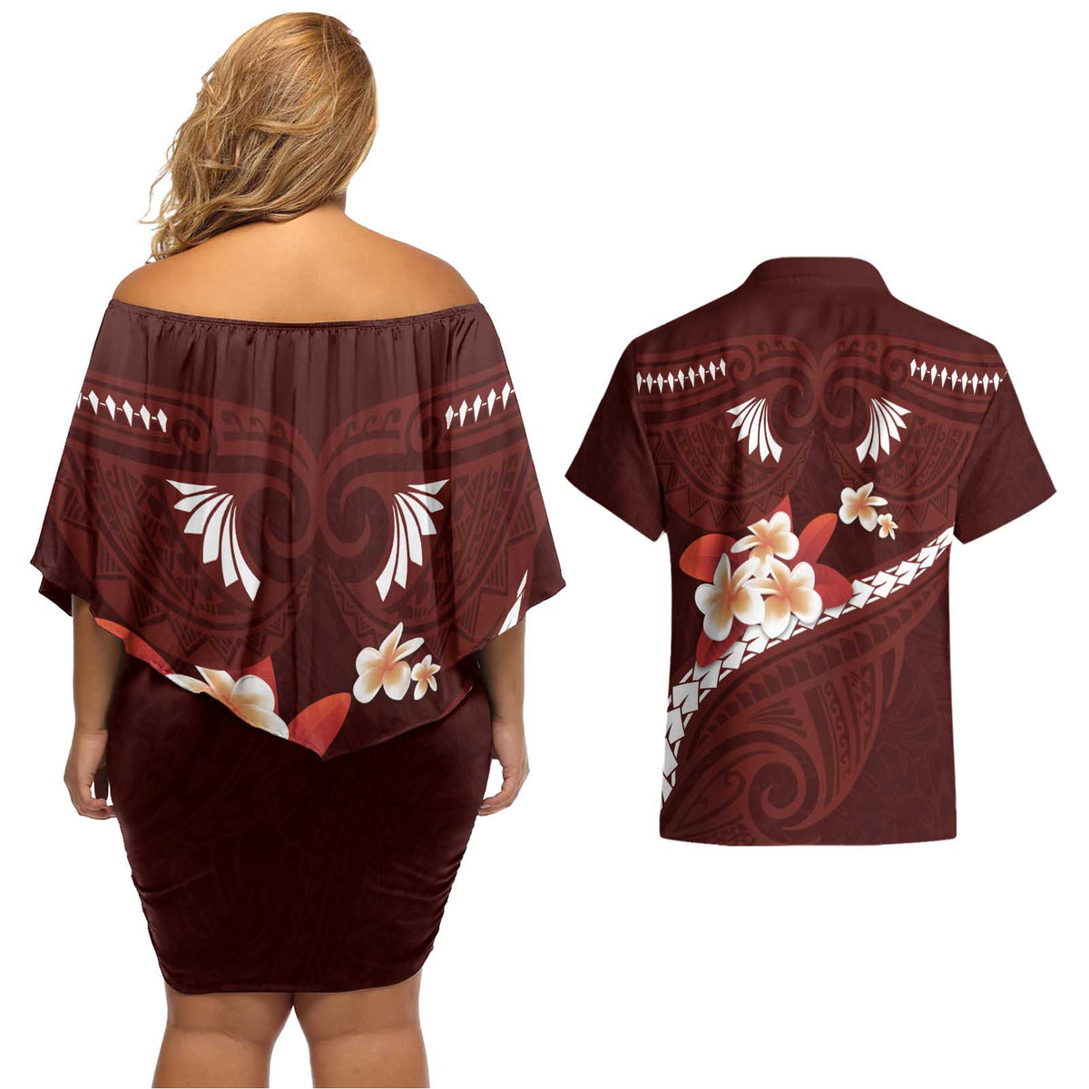 Oxblood Polynesia Couples Matching Off Shoulder Short Dress and Hawaiian Shirt Tribal Pattern Tropical Frangipani LT14 - Polynesian Pride