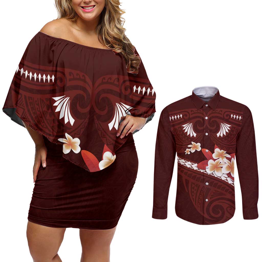 Oxblood Polynesia Couples Matching Off Shoulder Short Dress and Long Sleeve Button Shirt Tribal Pattern Tropical Frangipani LT14 Oxblood - Polynesian Pride