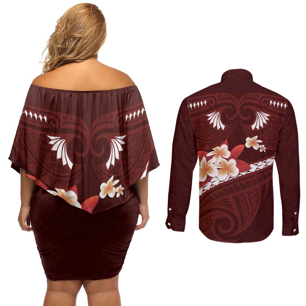 Oxblood Polynesia Couples Matching Off Shoulder Short Dress and Long Sleeve Button Shirt Tribal Pattern Tropical Frangipani LT14 - Polynesian Pride