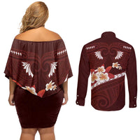 Oxblood Polynesia Couples Matching Off Shoulder Short Dress and Long Sleeve Button Shirt Tribal Pattern Tropical Frangipani LT14 - Polynesian Pride