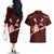 Oxblood Polynesia Couples Matching Off The Shoulder Long Sleeve Dress and Hawaiian Shirt Tribal Pattern Tropical Frangipani