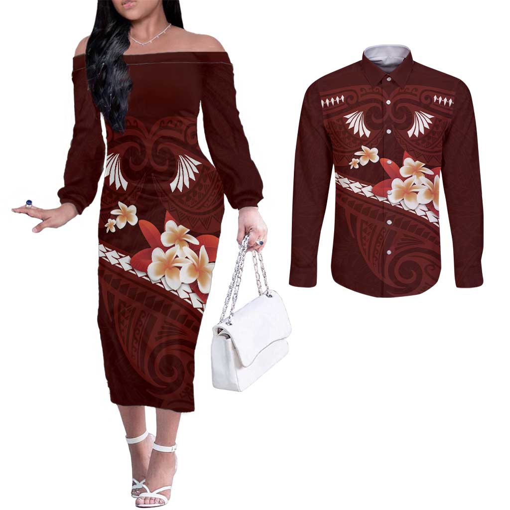 Oxblood Polynesia Couples Matching Off The Shoulder Long Sleeve Dress and Long Sleeve Button Shirt Tribal Pattern Tropical Frangipani LT14 Oxblood - Polynesian Pride