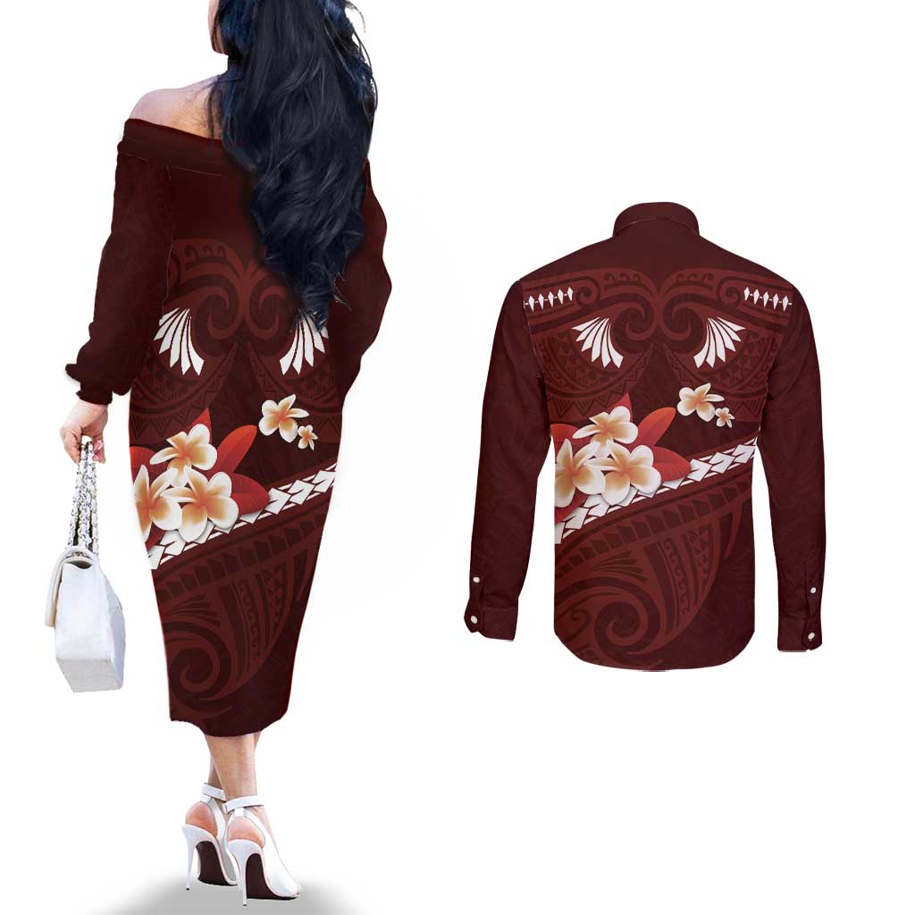 Oxblood Polynesia Couples Matching Off The Shoulder Long Sleeve Dress and Long Sleeve Button Shirt Tribal Pattern Tropical Frangipani