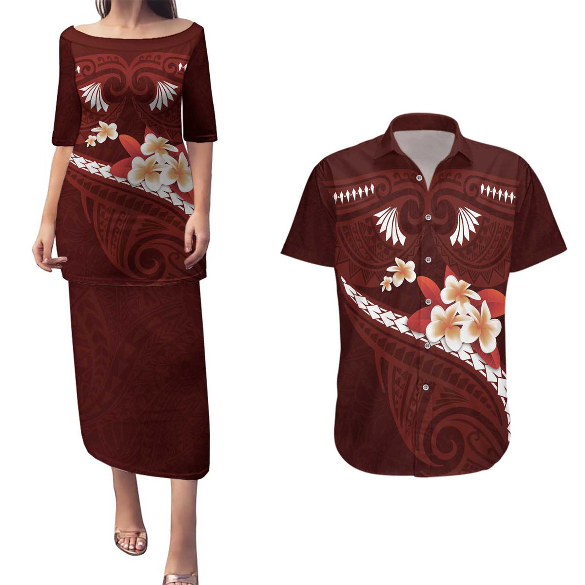 Oxblood Polynesia Couples Matching Puletasi and Hawaiian Shirt Tribal Pattern Tropical Frangipani LT14 Oxblood - Polynesian Pride