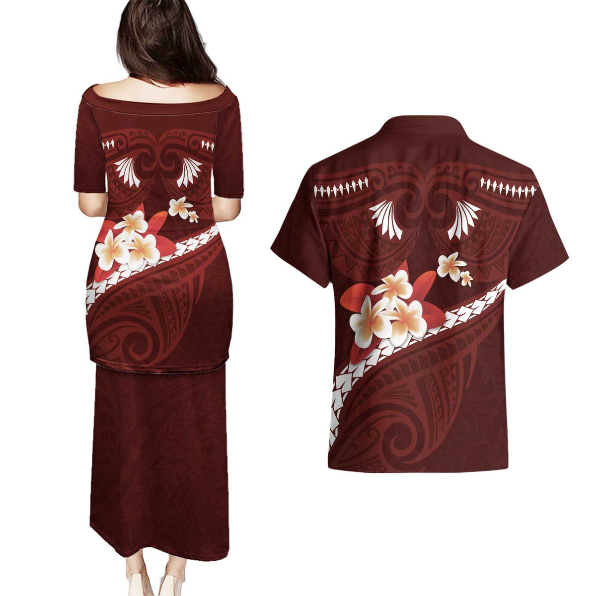 Oxblood Polynesia Couples Matching Puletasi and Hawaiian Shirt Tribal Pattern Tropical Frangipani LT14 - Polynesian Pride