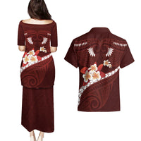 Oxblood Polynesia Couples Matching Puletasi and Hawaiian Shirt Tribal Pattern Tropical Frangipani LT14 - Polynesian Pride