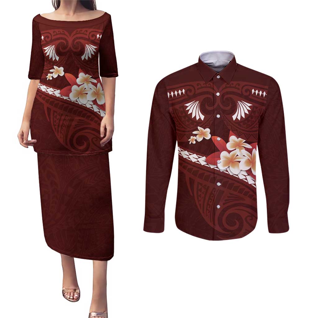 Oxblood Polynesia Couples Matching Puletasi and Long Sleeve Button Shirt Tribal Pattern Tropical Frangipani